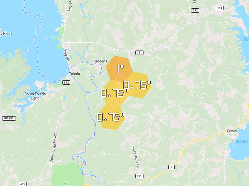 Hail map of Anacoco, LA on Jul 6, 2026, hail up to 1"