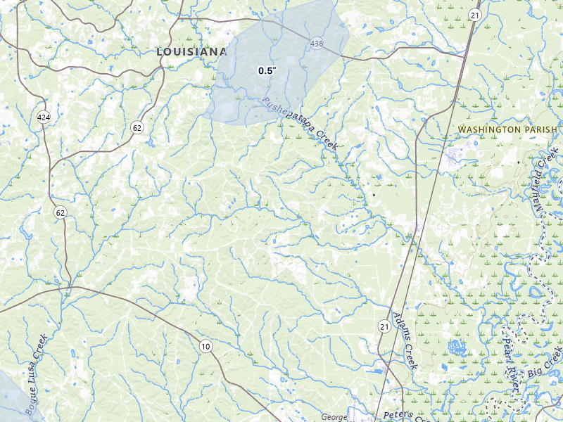 NEXRAD radar-signature map of the hail over Angie, LA