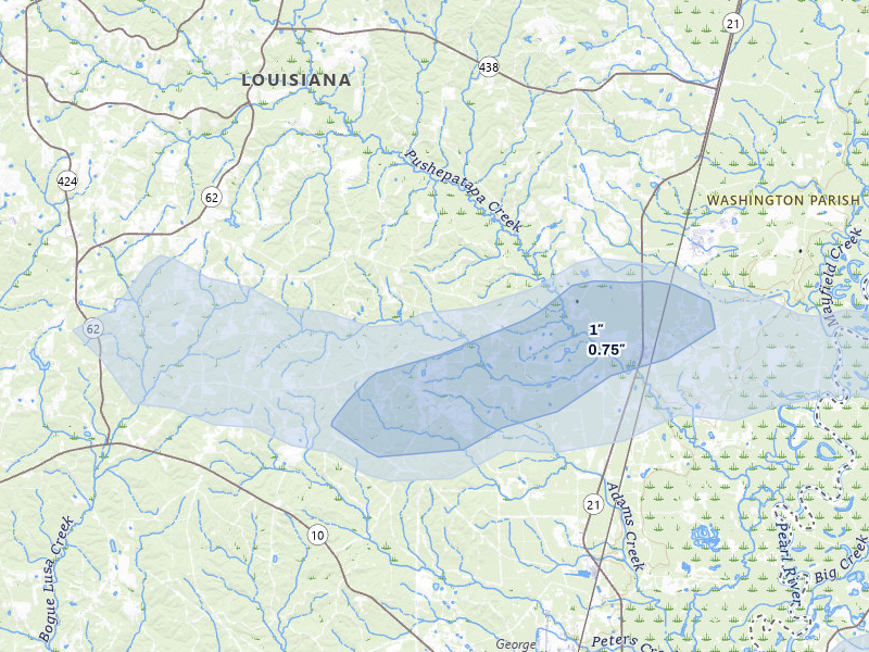 NEXRAD radar-signature map of the hail storm over Angie, LA on May 8, 2026