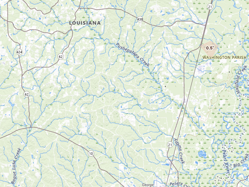 Radar-estimated hail-size map of the storm over Angie, LA on Jun 19, 2026
