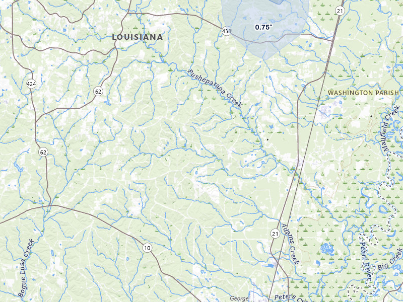 NEXRAD radar-signature map of the hail storm over Angie, LA on Jul 1, 2026
