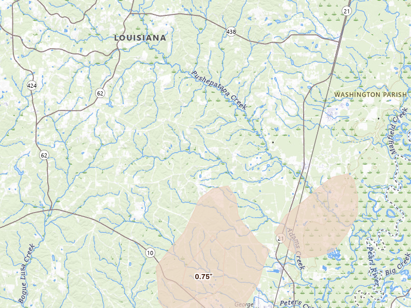 Radar-estimated hail-size map of the storm over Angie, LA on Jul 5, 2026