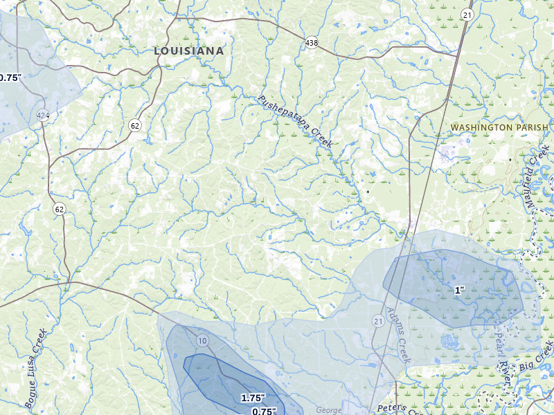NEXRAD radar-signature map of the hail storm over Angie, LA on Jul 5, 2026