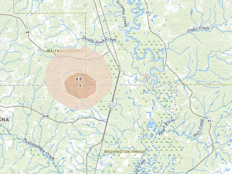 Radar-estimated hail-size map of the storm over Angie, LA on Aug 9, 2026