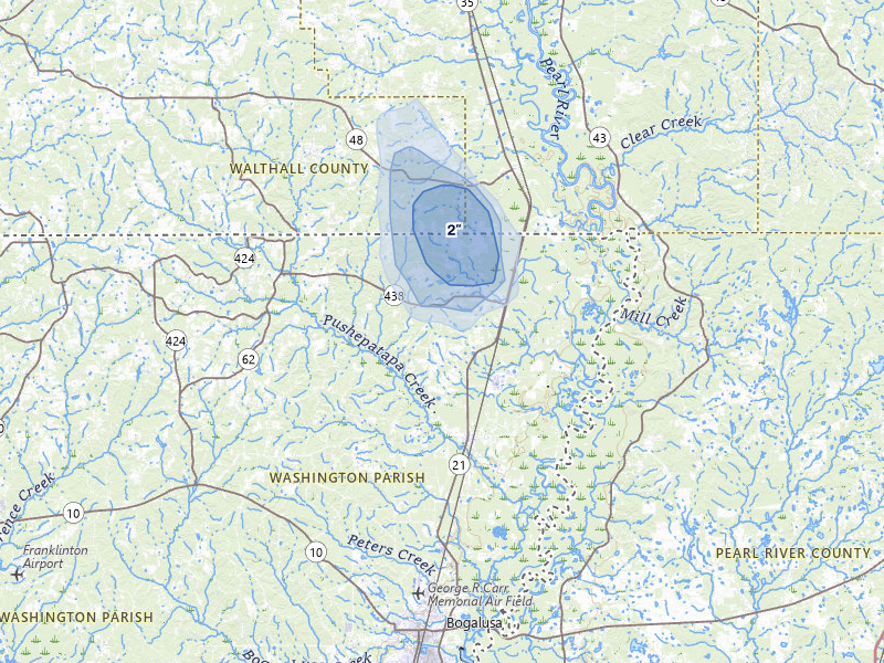 NEXRAD radar-signature map of the hail storm over Angie, LA on Aug 9, 2026