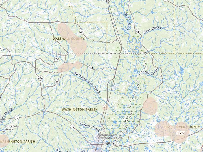 Radar-estimated hail-size map of the storm over Angie, LA on Aug 18, 2026