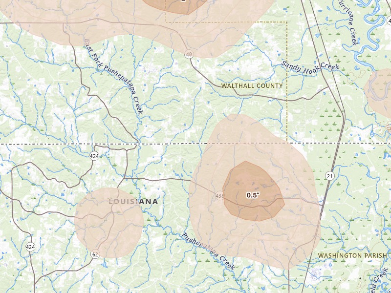 Radar-estimated hail-size map of the storm over Angie, LA on Aug 21, 2026
