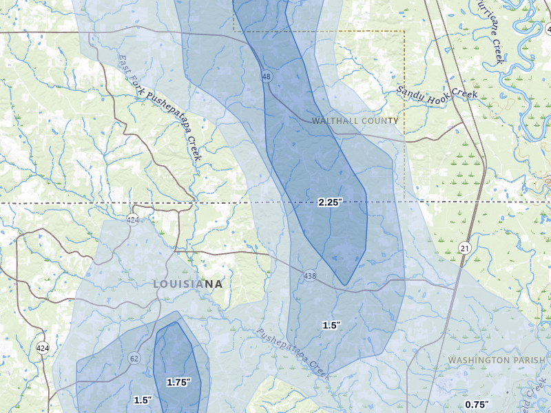 NEXRAD radar-signature map of the hail storm over Angie, LA on Aug 21, 2026