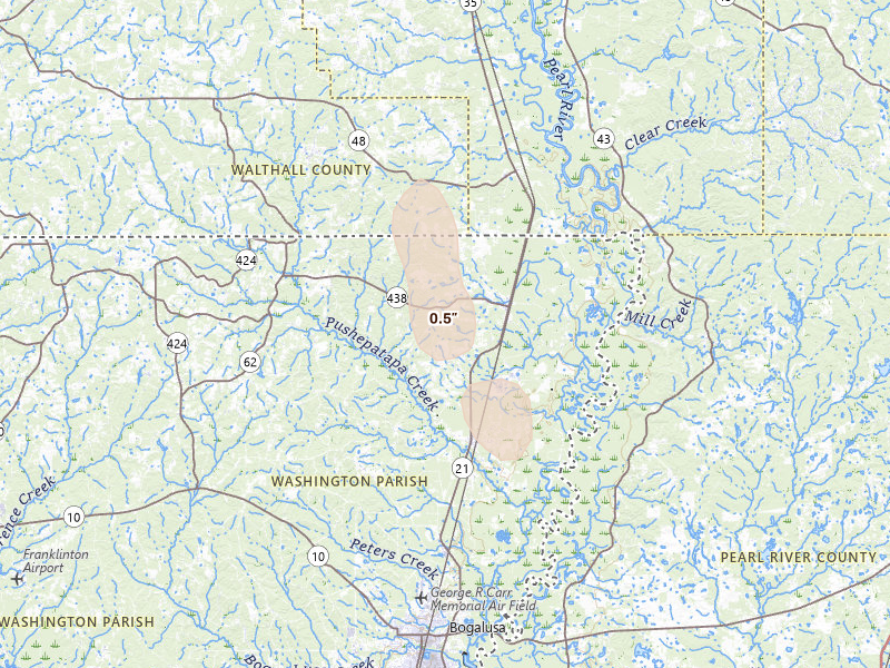 Radar-estimated hail-size map of the storm over Angie, LA on Aug 24, 2026