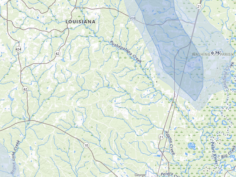 NEXRAD radar-signature map of the hail storm over Angie, LA on Aug 24, 2026