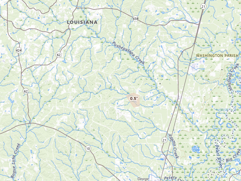 Radar-estimated hail-size map of the storm over Angie, LA on Aug 26, 2026