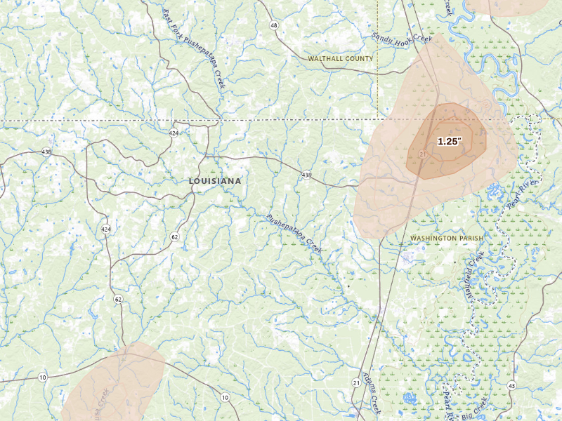 Radar-estimated hail-size map of the storm over Angie, LA