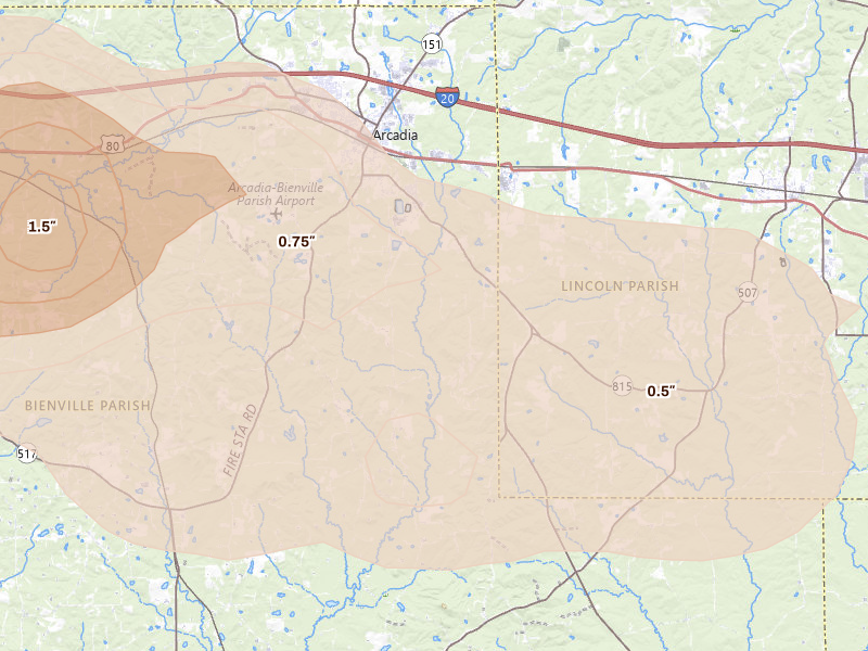 Radar-estimated hail-size map of the storm over Arcadia, LA on Mar 15, 2026