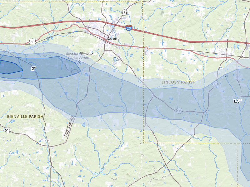 NEXRAD radar-signature map of the hail over Arcadia, LA