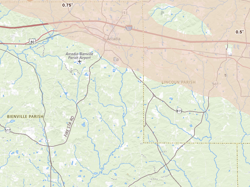 Radar-estimated hail-size map of the storm over Arcadia, LA on Apr 25, 2026