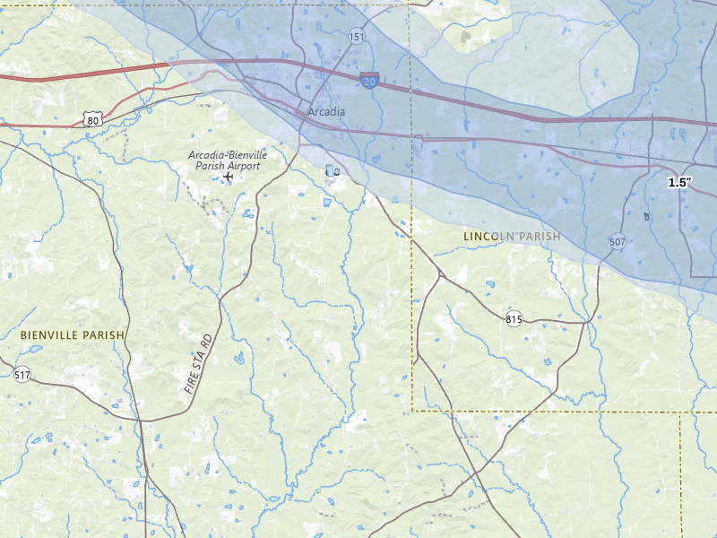 NEXRAD radar-signature map of the hail over Arcadia, LA