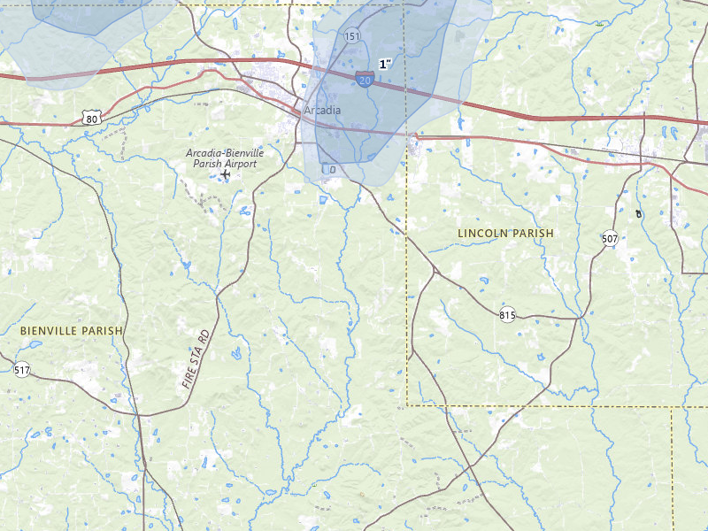 NEXRAD radar-signature map of the hail storm over Arcadia, LA on Jun 1, 2026
