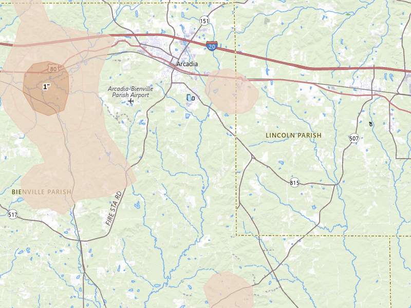 Radar-estimated hail-size map of the storm over Arcadia, LA on Jun 2, 2026