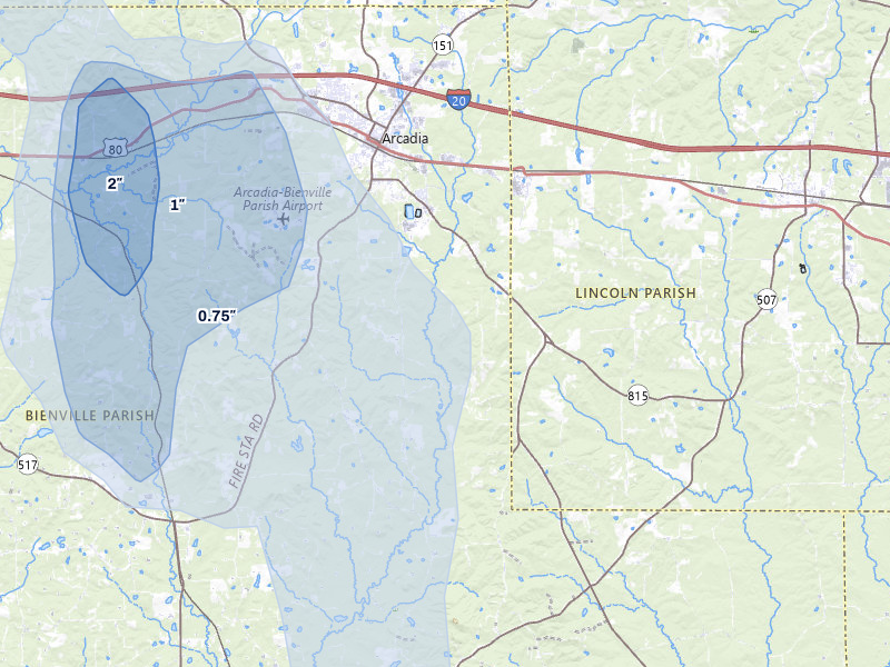 NEXRAD radar-signature map of the hail over Arcadia, LA