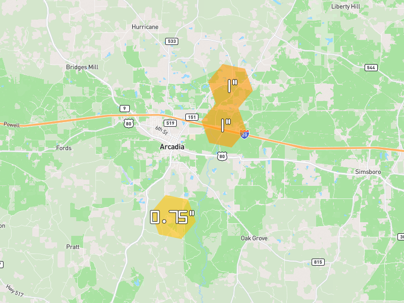 Hail map of Arcadia, LA on Jun 2, 2026, hail up to 1"