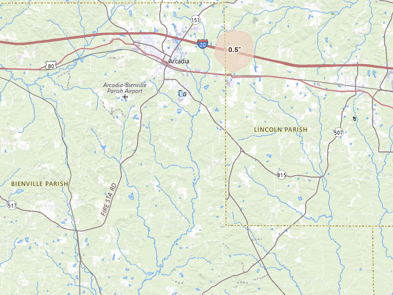 Radar-estimated hail-size map of the storm over Arcadia, LA on Jul 6, 2026