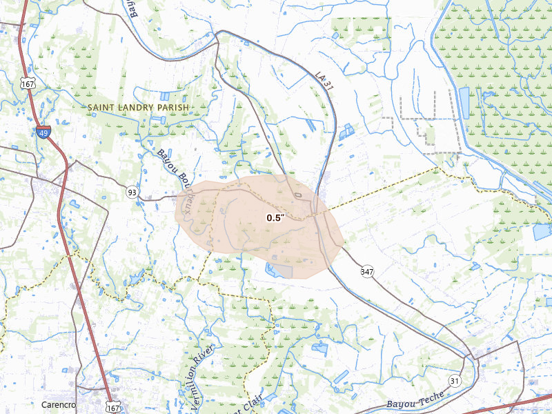 Radar-estimated hail-size map of the storm over Arnaudville, LA on Apr 24, 2026
