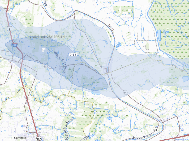 NEXRAD radar-signature map of the hail over Arnaudville, LA