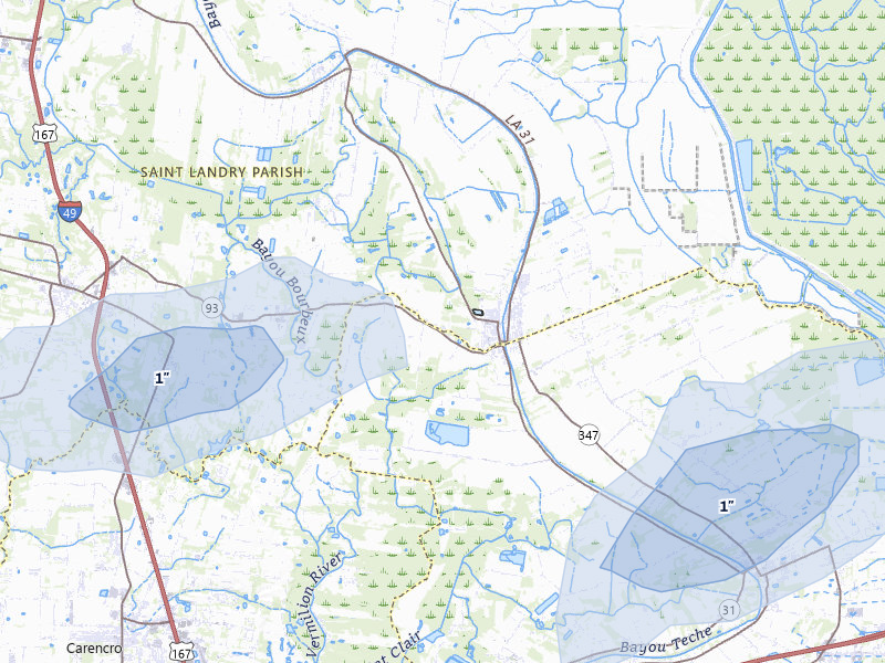 NEXRAD radar-signature map of the hail storm over Arnaudville, LA on Jul 7, 2026