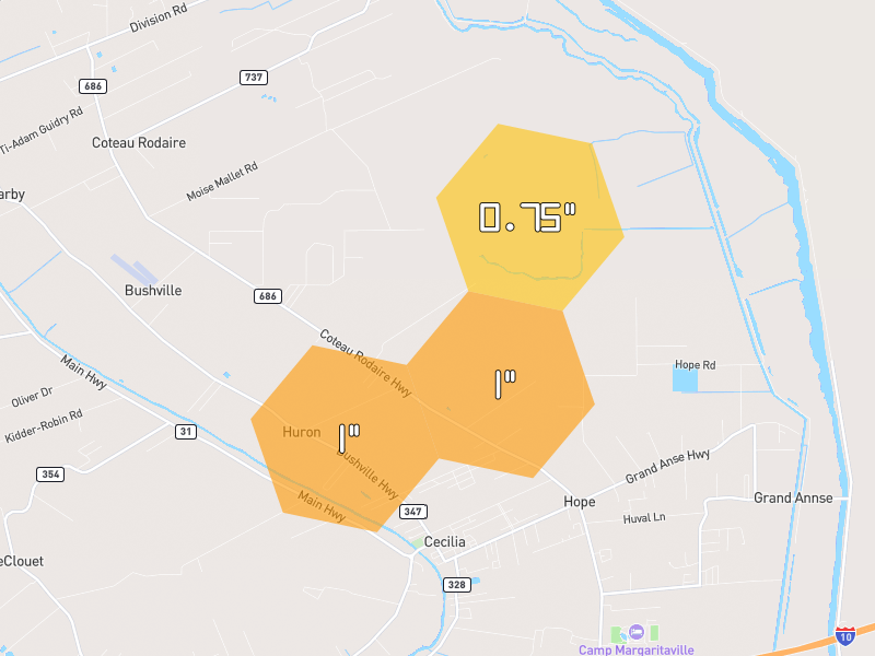 Hail map of Arnaudville, LA on Jul 7, 2026, hail up to 1"