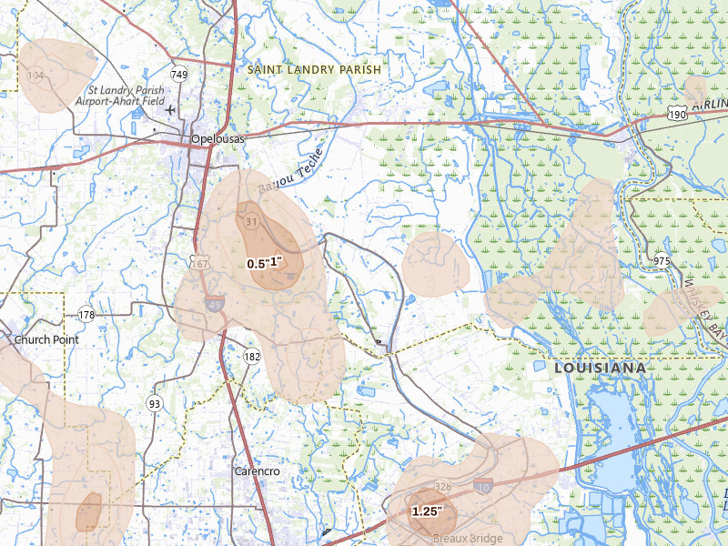 Radar-estimated hail-size map of the storm over Arnaudville, LA on Aug 21, 2026