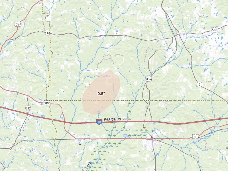 Radar-estimated hail-size map of the storm over Athens, LA on Mar 7, 2026