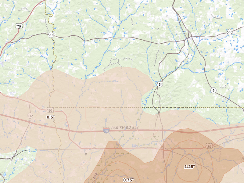 Radar-estimated hail-size map of the storm over Athens, LA on Mar 15, 2026