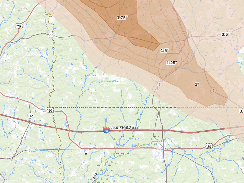 Radar-estimated hail-size map of the storm over Athens, LA on Apr 25, 2026