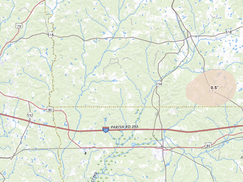 Radar-estimated hail-size map of the storm over Athens, LA on Jun 1, 2026