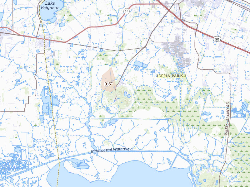 Radar-estimated hail-size map of the storm over Avery Island, LA on Jul 3, 2026