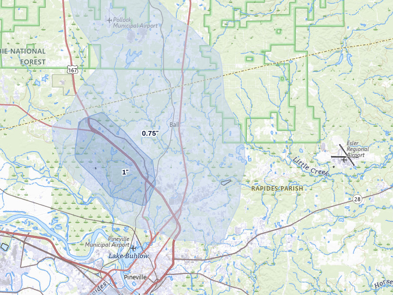 NEXRAD radar-signature map of the hail over Ball, LA
