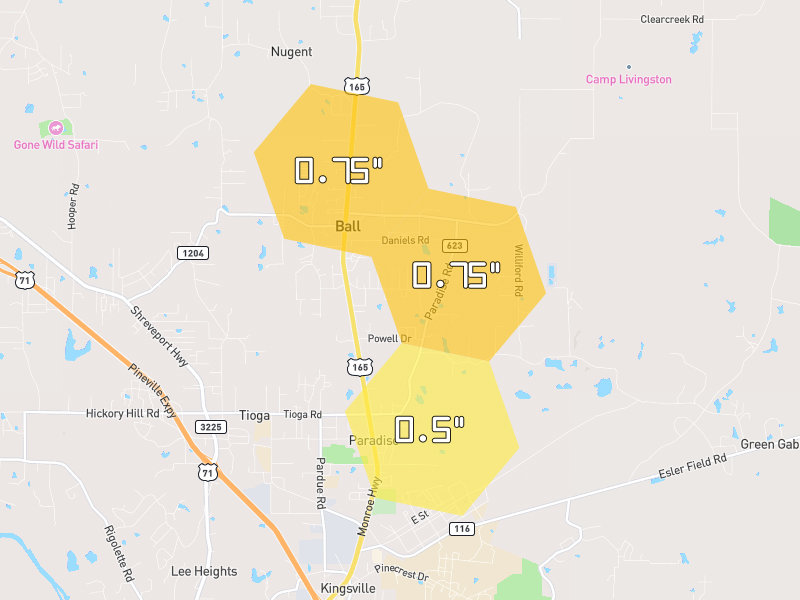 Hail map of Ball, LA on Jul 5, 2026, hail up to 0.75"