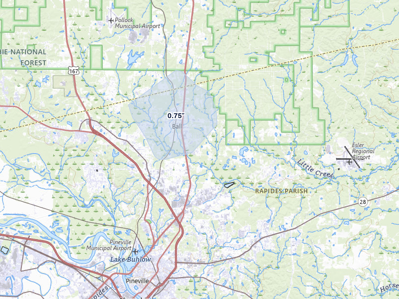 NEXRAD radar-signature map of the hail over Ball, LA