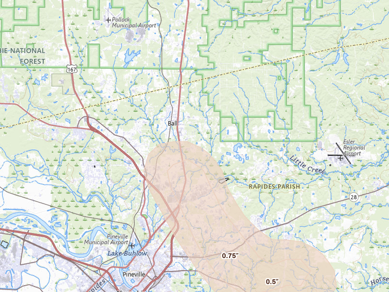 Radar-estimated hail-size map of the storm over Ball, LA on Aug 21, 2026