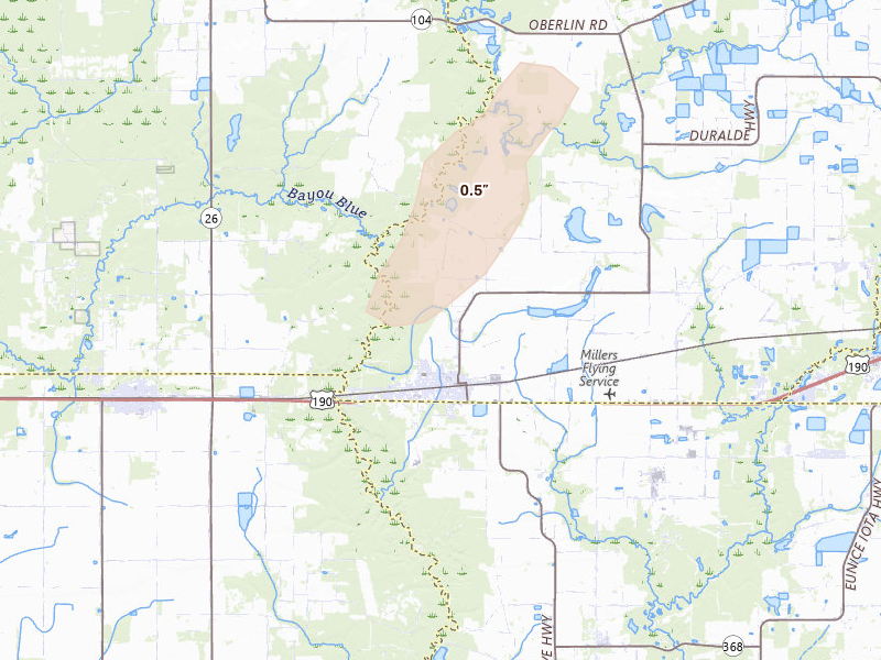 Radar-estimated hail-size map of the storm over Basile, LA on May 25, 2026