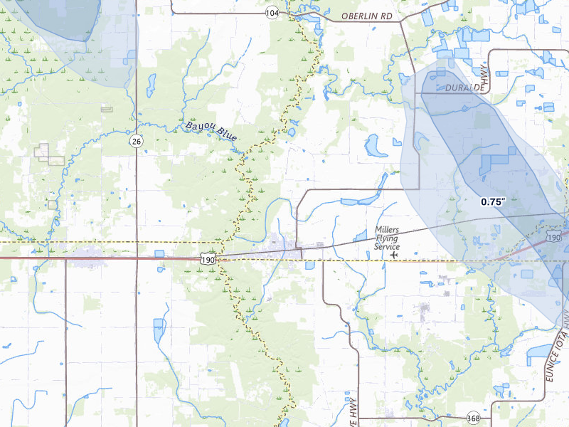 NEXRAD radar-signature map of the hail storm over Basile, LA on Jul 5, 2026