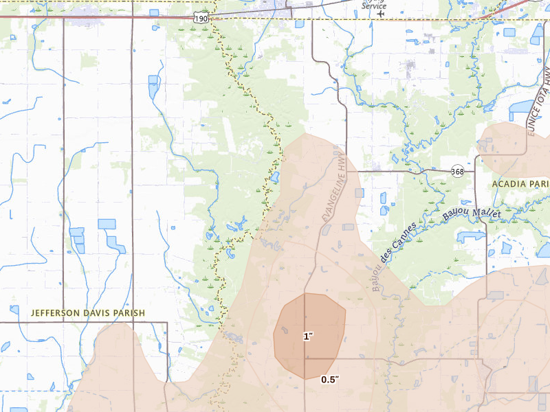Radar-estimated hail-size map of the storm over Basile, LA on Aug 21, 2026