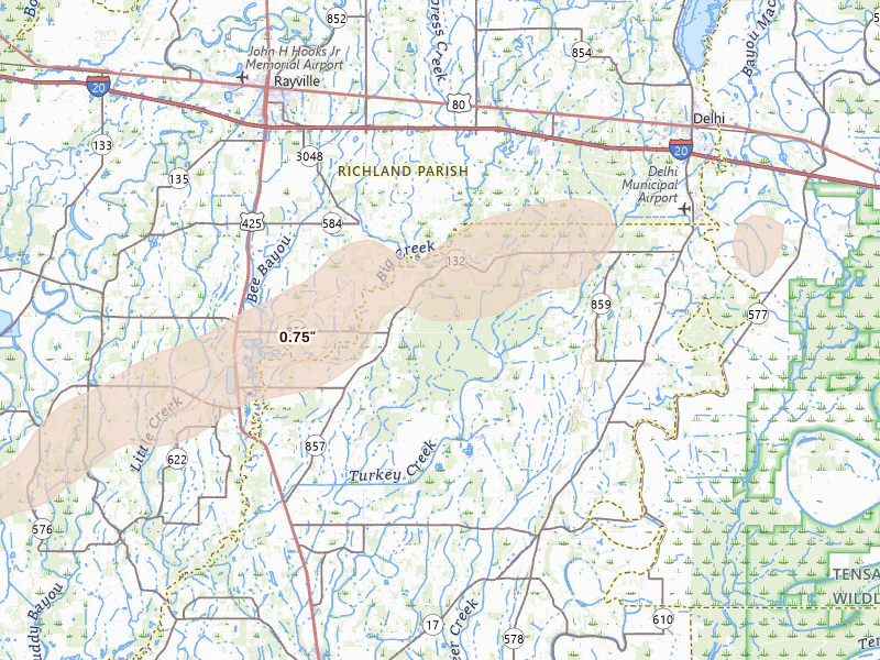 Radar-estimated hail-size map of the storm over Baskin, LA on Jan 9, 2026