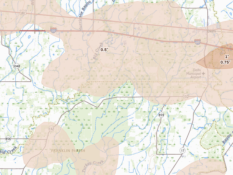 Radar-estimated hail-size map of the storm over Baskin, LA on May 22, 2026