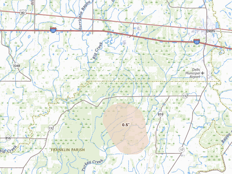 Radar-estimated hail-size map of the storm over Baskin, LA on Jul 12, 2026