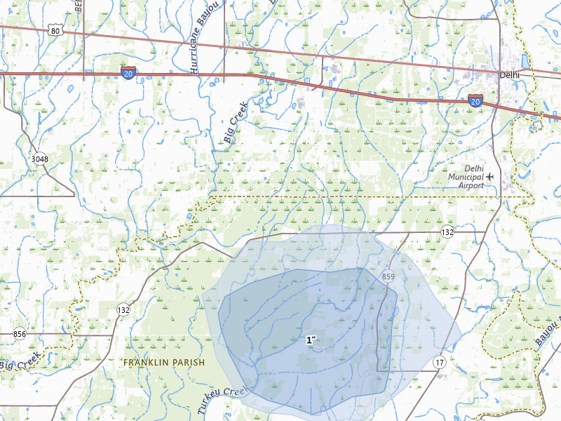 NEXRAD radar-signature map of the hail storm over Baskin, LA on Jul 12, 2026