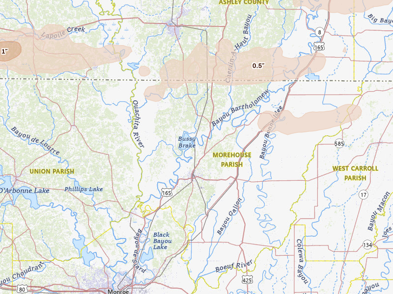 Radar-estimated hail-size map of the storm over Bastrop, LA on Mar 15, 2026