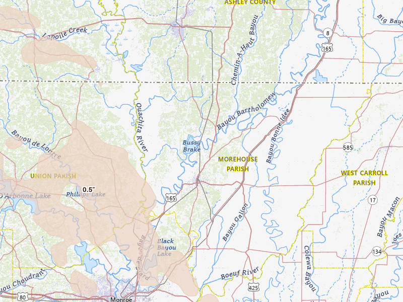 Radar-estimated hail-size map of the storm over Bastrop, LA on Apr 25, 2026
