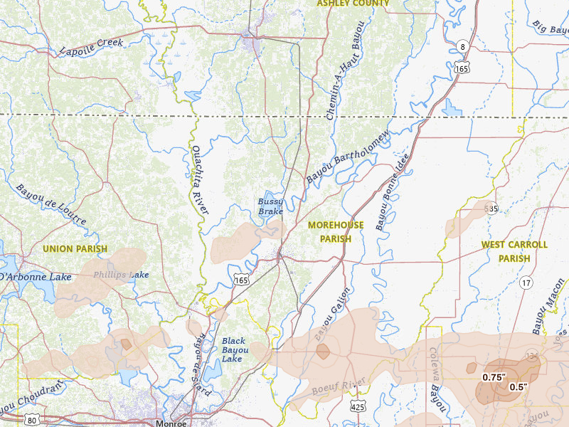 Radar-estimated hail-size map of the storm over Bastrop, LA on Apr 28, 2026
