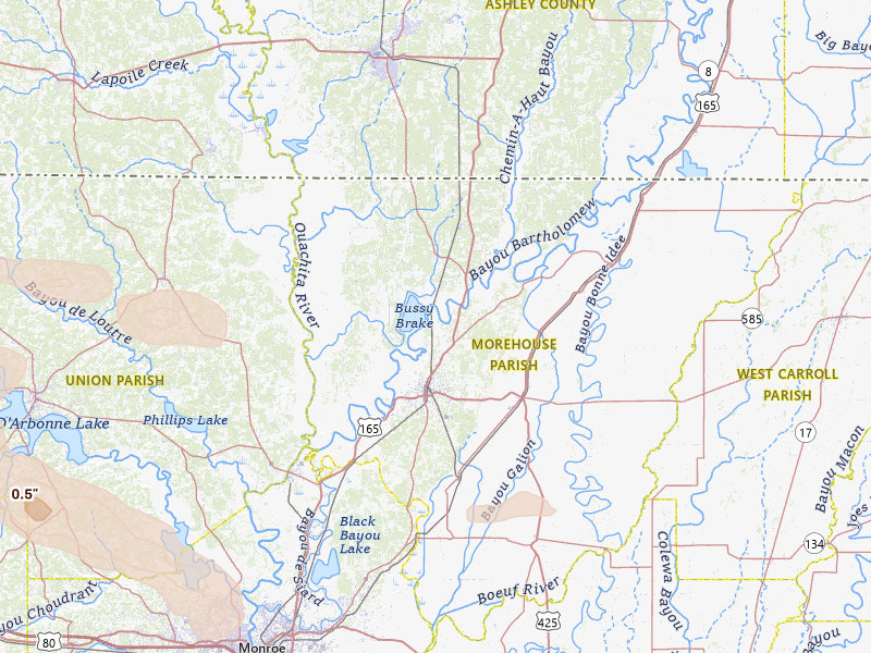 Radar-estimated hail-size map of the storm over Bastrop, LA on Apr 29, 2026